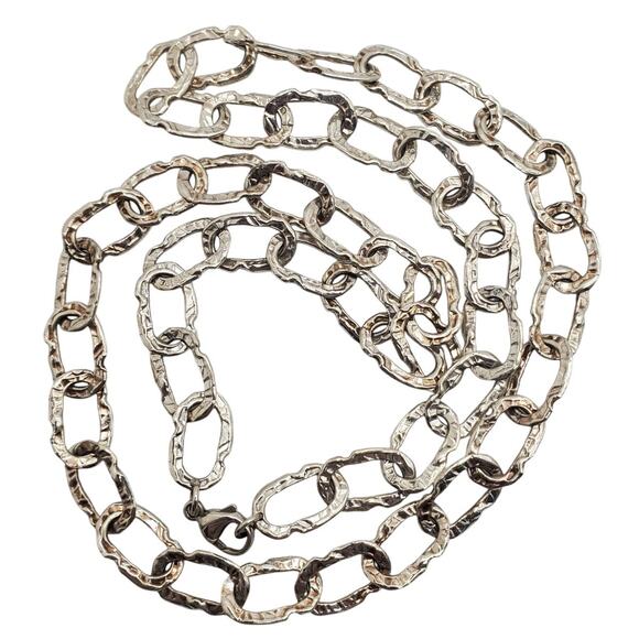 Long Sterling Silver Necklace 925 Textured Oval Links 38g Vintage Hammered Chain - Picture 1 of 14